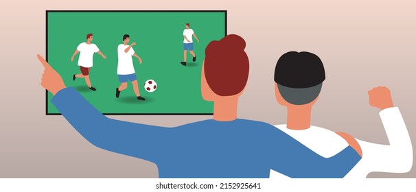 LGBTQ Football Fans Are Couple. Flat Vector Stock Illustration With Football Players On TV. Gay Men Watch Sports