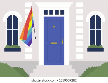 LGBTQ friendly community, a rainbow flag hanging next to the entrance door, tolerance and support