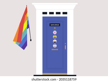 LGBTQ Friendly Safe Space, A Door With Colorful Stickers, Queer Community Support