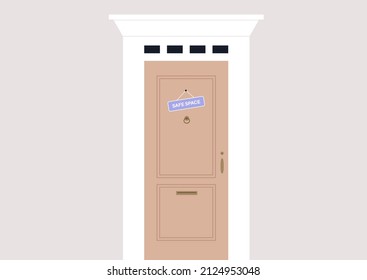 LGBTQ friendly safe space, a door with a hanging sign, a queer community support