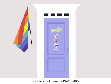 LGBTQ friendly safe space, a door with a hanging sign and colorful stickers, a queer community support