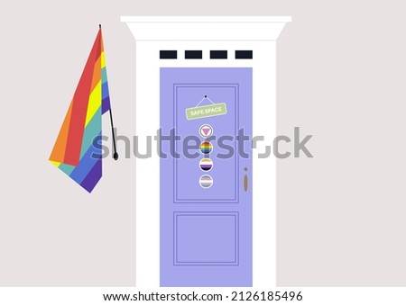 LGBTQ friendly safe space, a door with a hanging sign and colorful stickers, a queer community support