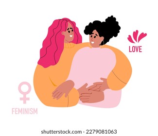 Lgbtq gay lesbian couple in love hugging each other with Text. Feminism Symbol. Vector illustration in concepts cute cartoon style for valentine day.