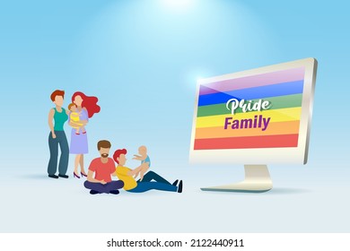 LGBTQ Gay And Lesbian Family Couple Holding Adopted Baby With LGBT Rainbow Colors Flag On Computer. LGBTQ Family, Transgender Parent, Adopted Child And Celebrate Pride Month Concept.