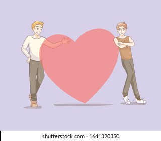 lgbtq gay men couple leaning big heart concepts in love cute illustration in anime style for valentine day