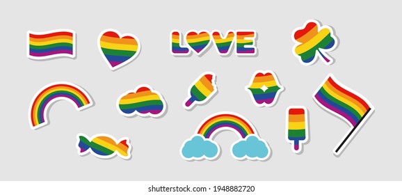 
LGBTQ gay pride icons, LGBTQ related symbols set in rainbow colors: Pride Flag, Heart, Rainbow, Sweet, Love, Couples, Flag, Gay Pride Month. Isolated background
