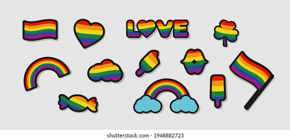 
LGBTQ gay pride icons, LGBTQ related symbols set in rainbow colors: Pride Flag, Heart, Rainbow, Sweet, Love, Couples, Flag, Gay Pride Month. Isolated background