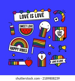 LGBTQ gay pride icons, LGBTQ related symbols set in rainbow colors: Pride Flag, Heart, Rainbow, Sweet, Love, Gay Pride Month, Smile, Smoothie, Watermelon. Isolated background set.