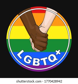 LGBTQ gay pride round banner with multiracial couple holding hands. Gay love concept between multiracial people. Vector illustration