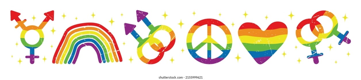 LGBTQ+ gender symbol on rainbow color background. Pride month stickers. Gay love and relationship.	