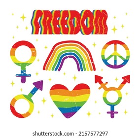 LGBTQ+ gender symbol on rainbow color background. Pride month stickers. Gay love and relationship. Freedom.
