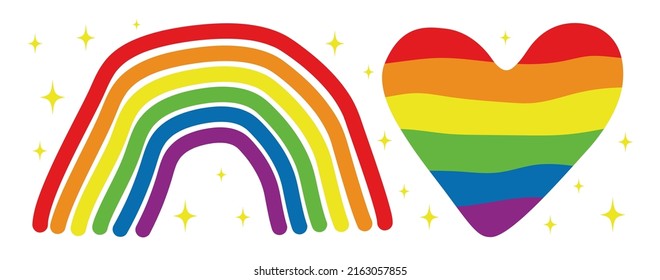 LGBTQ+ gender symbol on rainbow color background. Heart and rainbow. Pride month stickers. Gay love and relationship.