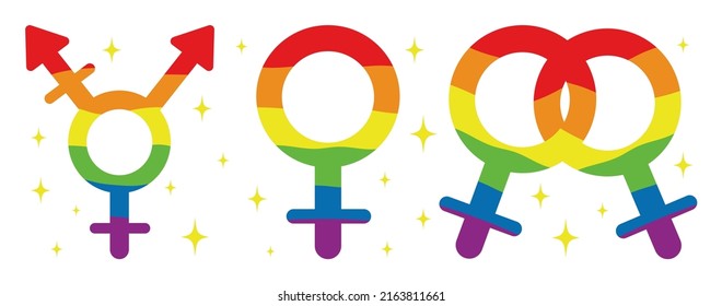 LGBTQ+ gender symbol on rainbow color background. Pride month stickers. Gay love and relationship. Pride.