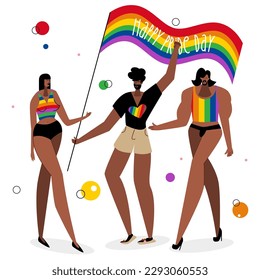 The LGBTQ group african american man and woman celebration pride day,  LGBT parade. The have got rainbow flag. The Illustration good for poster or UI UX design or stories.