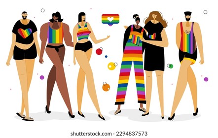The LGBTQ group, woman and man rainbow clothes, celebrations international PRIDE DAY, LGBT parade. Stop homophobia. The Illustration good for poster or UI UX design or stories.