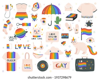 Lgbtq Hand Drawn Elements. Cute Lgbtq Pride Equality Symbols, Flag, Rainbow, Gender And Peace Signs. Pride Month Stickers Vector Illustration Set