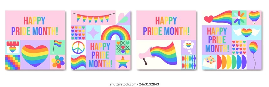 LGBTQ+ Happy Pride month greeting cards with geometric pattern. Bauhaus style