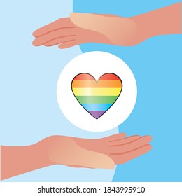 lgbtq heart in hands. Flat vector stock illustration concept of homosexuality, tolerance for gays, lesbians, lgbtq people. lgbtq rainbow heart in hands as a logo, emblem. rainbow flag gay symbol