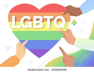LGBTQ heart in human hands. Community, pride, LGBT symbol. Homosexuality concept. Vector illustration can be used for topics like gay parade, proud