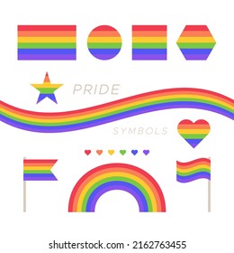 LGBTQ icon set. Pride rainbow symbols. Flags, sticker, arch and geometrical forms. Gay Pride Month. Vector illustration, flat design