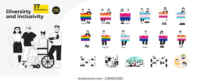 Compartimiento LGBTQ inclusivo conjunto de ilustraciones planas de dibujos animados en blanco y negro para adultos diversos. Colegas de la diversidad, orgullo LGBT: personajes lineales en 2D aislados. Paquete de imágenes vectoriales monocromáticas para personas con discapacidad