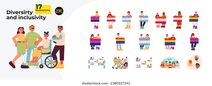 LGBTQ inclusive diverse young adults cartoon flat illustration bundle. Diversity colleagues, LGBT pride 2D characters isolated on white background. People with disabilities vector color image pack