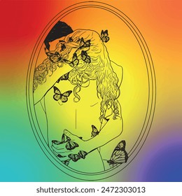 Lgbtq love couple – gay and lesbian lovers hugging, kissing in romantic mirror. Homosexual partners with butterflies for pride month and equality. LGBTQ vector illustration background