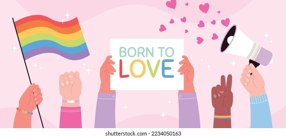 Lgbtq love parade support banner. Trans gay community pride flags. Transgender people, lgbt month. Hands hold rainbow racy vector elements