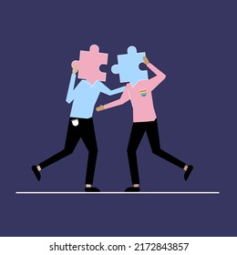 LGBTQ love and relationship concept. Gay couple love concept, two men match each other like puzzle pieces, Homosexual relationship, male LGBT partners, vector cartoon illustration, poster, card