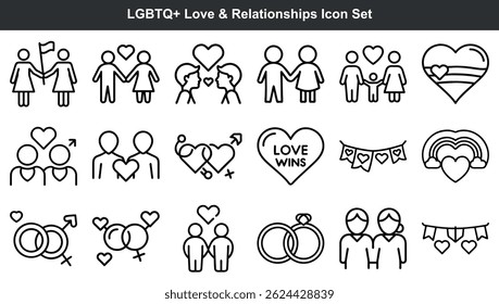 Lgbtq+ love and relationships icon set depicting diversity and inclusion in relationships