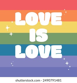 LGBTQ. Love is love -text and pride on rainbow background vector design. Offer social media banners. Voucher template. Gay parade groovy celebration.