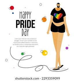 The LGBTQ man celebrations HAPPY PRIDE DAY, LGBT parade. On t shirt rainbow heart.