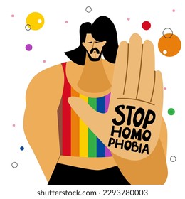 The LGBTQ man hold a hand with lettering STOP HOMOPHOBIA. He celebration pride day, month, LGBT parade. The Illustration good for poster or UI UX design or stories.