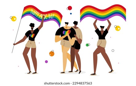 The LGBTQ man  with rainbow flag, celebrations international PRIDE DAY, LGBT parade. Stop homophobia. The Illustration good for poster or UI UX design or stories.