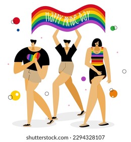 The LGBTQ mans celebration pride day, LGBT parade. The group male have got rainbow flag with phrase HAPPY PRIDE DAY. The Illustration good for poster or UI UX design or stories.