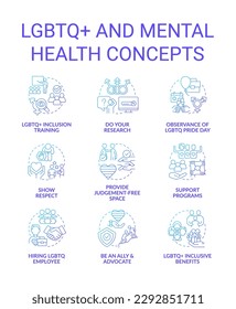 Symbole für LGBTQ und für das Konzept des blauen Farbverlaufs für psychische Gesundheit. Akzeptanz in der Gesellschaft. Inklusion Idee dünne Linien Illustrationen. Isolierte Symbole. Verwendung von Roboter-Medium, Myriad Pro-Fett-Schriftarten