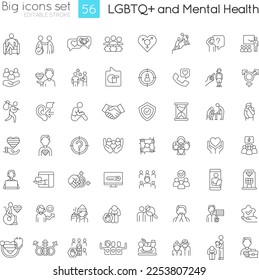 LGBTQ and mental health linear icons set. Inclusion and support programs. Freedom to be yourself. Customizable thin line symbols. Isolated vector outline illustrations. Editable stroke