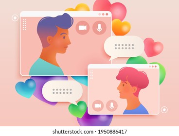 LGBTQ online dating app with two gay men chatting via video call platform. Vector flat illustration