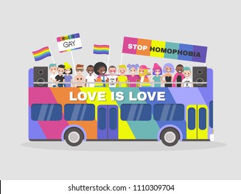 LGBTQ parade. Homosexuality. Equality. Diversity. Colourful double decker bus. Demonstration. Pride. Rainbow flags. Gay, lesbian, bisexual, transgender. Flat editable vector illustration, clip art