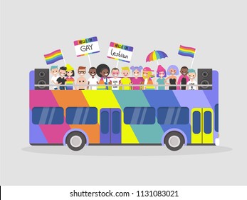 LGBTQ parade. Homosexuality. Equality. Diversity. Colourful double decker bus. Demonstration. Pride. Rainbow flags. Gay, lesbian, bisexual, transgender. Flat editable vector illustration, clip art