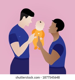 LGBTQ parents ,Homosexual male, non-heterosexual or non-cisgender family. Two happy men holding the baby kid. Gay couple with adopted child. equality home.