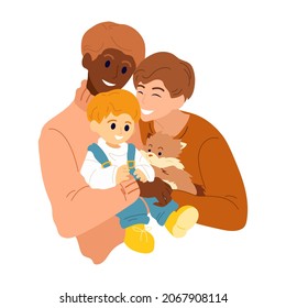 LGBTQ parents hugs their child and dog. Happy male couple with son and cute pet. Young LGBT family consists of two fathers and a boy. Multinational family life. Vector isolated illustration