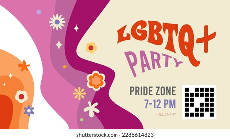 LGBTQ party horizontal poster or banner template. Groovy style invitation with lesbian rainbow. Vector retro design.