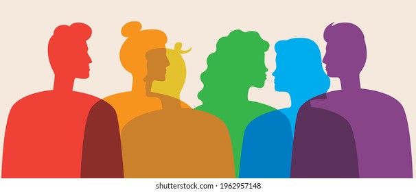 LGBTQ people are the colors of the rainbow. Silhouette vector stock illustration. Homosexuals, Lesbians and Gays as a LGBTQ Community. People's faces in profile. Isolated illustration