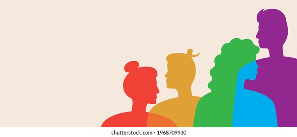 LGBTQ + personas, plantilla de espacio de copia. Ilustración de material vectorial de silueta. Fondo en blanco para el diseño. Hombres y mujeres homosexuales, lesbianas. Bandera arcoiris. Ilustración de Silhouette