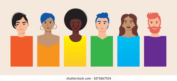 La gente de Lgbtq se enfrenta a un aislamiento. Ilusión plana vectorial. Retratos de gays. El concepto de comunidad homosexual. Personas LGBTQ de ilustración facial, gay, lesbiana, afro