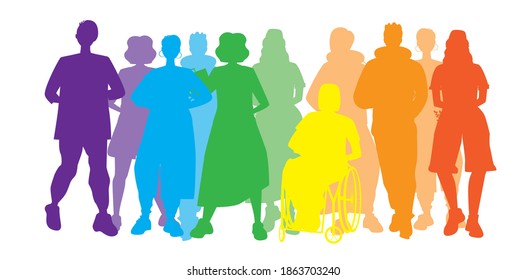 LGBTQ people isolated. Flat vector stock illustration. Silhouettes of homosexuals, gays, lesbians. LGBTQ community concept, inclusiveness. People, disabled person in a wheelchair
