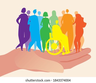 LGBTQ people in palm isolated. Flat vector stock illustration. Concept of protecting LGBTQ people, tolerance of homosexuality. People silhouettes, rainbow flag. LGBTQ Disabled