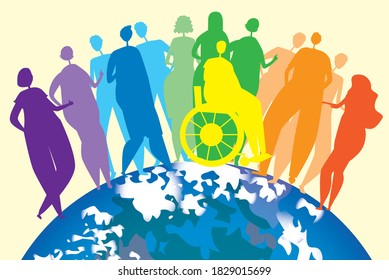 Lgbtq people and planet earth. Flat vector stock illustration. Concept of Lgbtq pride, inclusiveness of homosexuality, gay, lesbian bisexual. Lgbtq people in a wheelchair. International LGBT concept