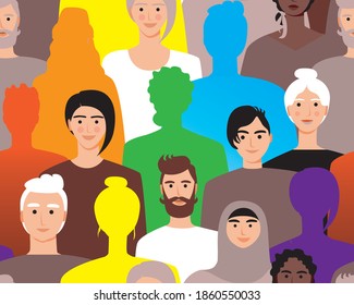 LGBTQ people seamless pattern as texture with crowd, flat vector stock illustration with men and women as concept of homosexuality, bisexuality, asexuality